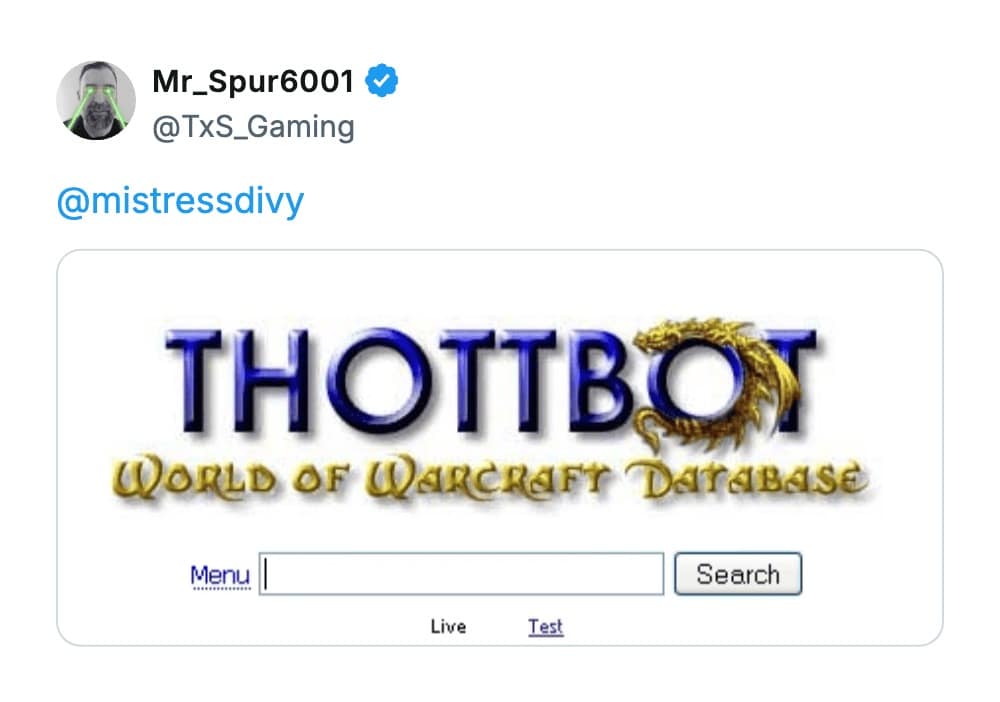 A tweet highlighting Thottbot, a nostalgic website database for World of Warcraft players, showing the original blue and gold logo.