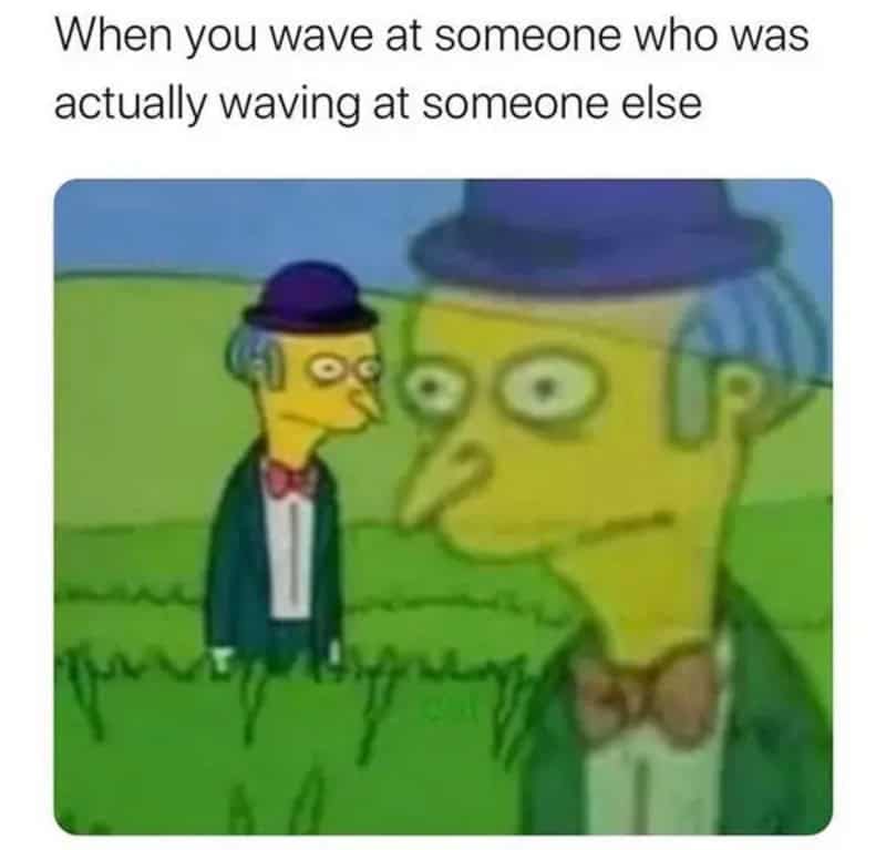 Mr. Burns and Smithers Simpsons meme depicting the horror of waving back at someone not waving at you.