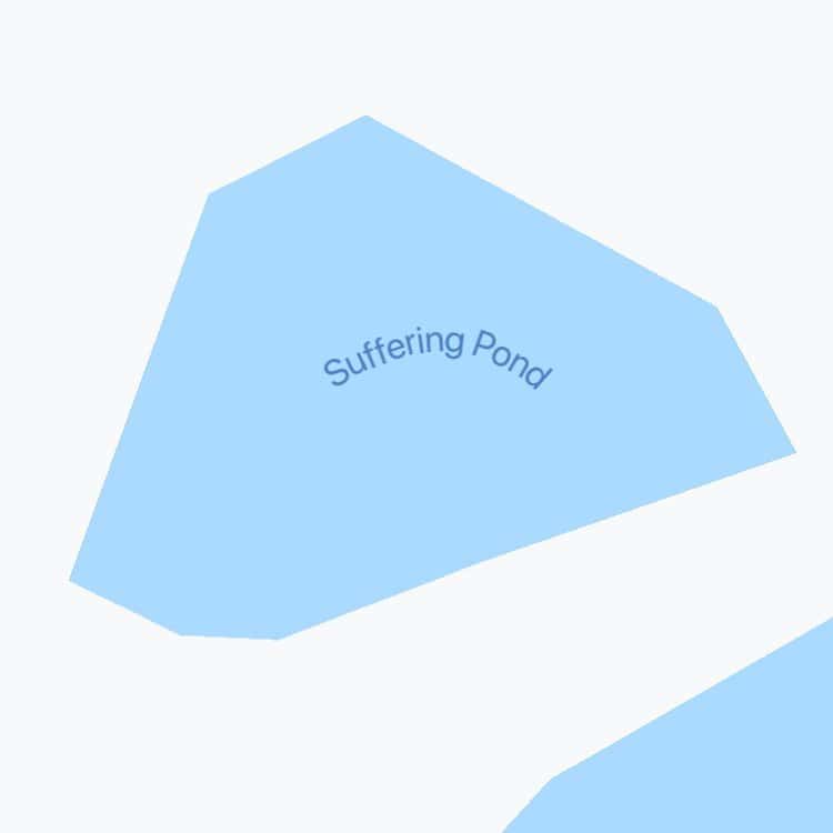 Map showing angular pale blue body of water plainly labeled Suffering Pond on lighter backdrop.
