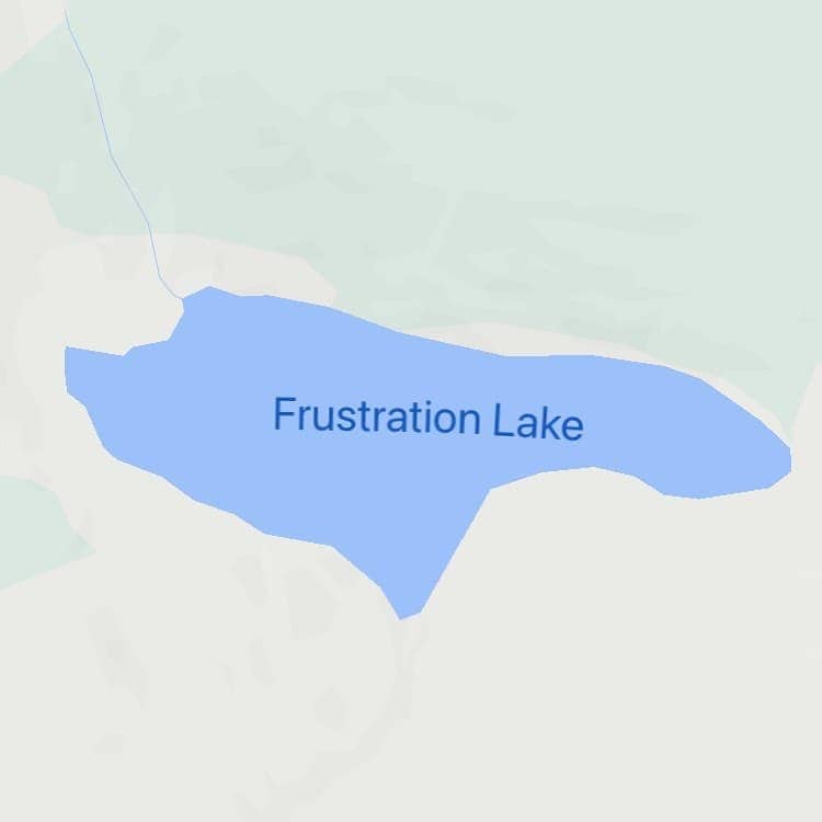 Map showing blue lake clearly labeled Frustration Lake surrounded by pale green and grey terrain.