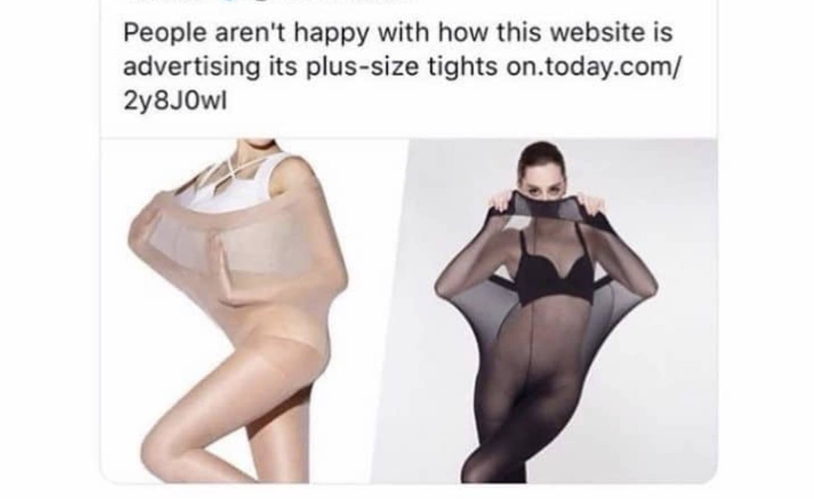 Screenshot of headline criticizing retail website advertising plus-size tights using thin models stretching the product.