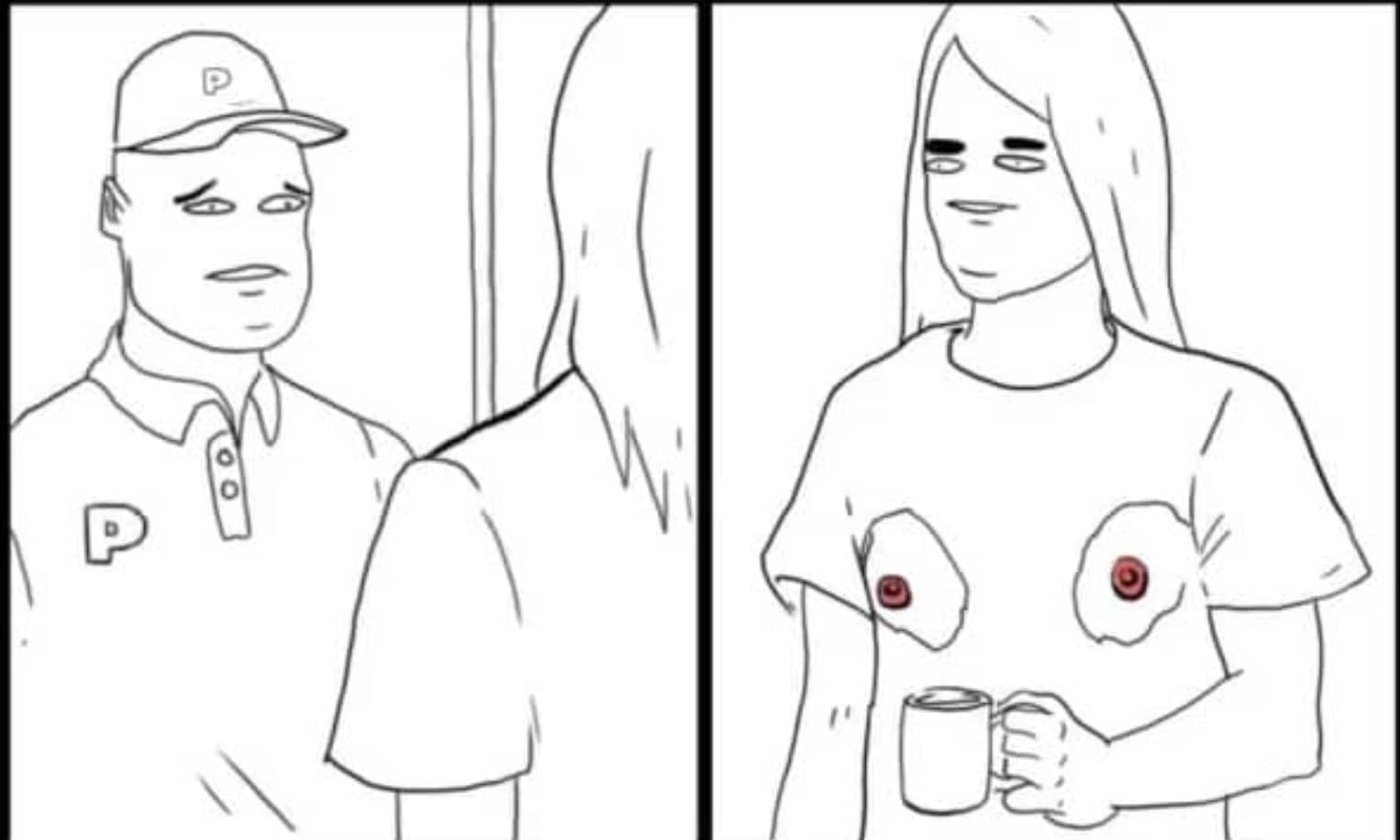 Meme comic drawing of a delivery driver looking uncomfortable while a woman wears a bizarre nipple shirt.