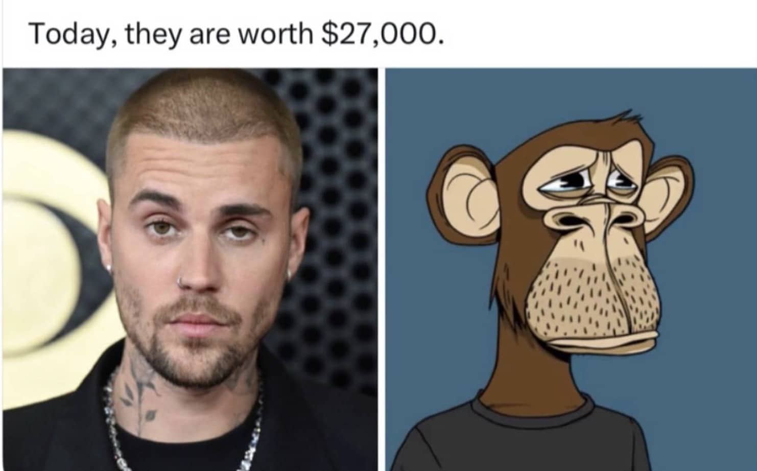 Side-by-side comparison of Justin Bieber and Bored Ape Yacht Club NFT valued at twenty-seven thousand dollars.