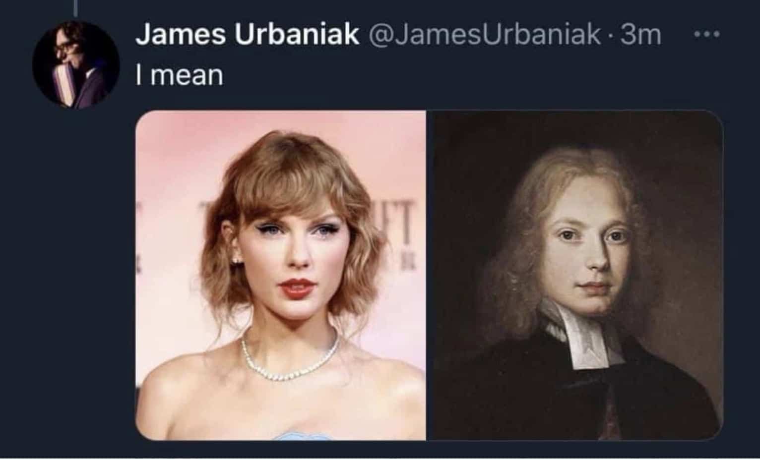 Celebrity lookalike meme comparing Taylor Swift to a 1700s oil painting of a young man.