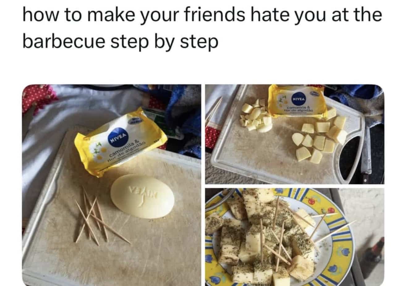 Prank guide showing Nivea soap bars cut into cubes and seasoned to look like cheese.