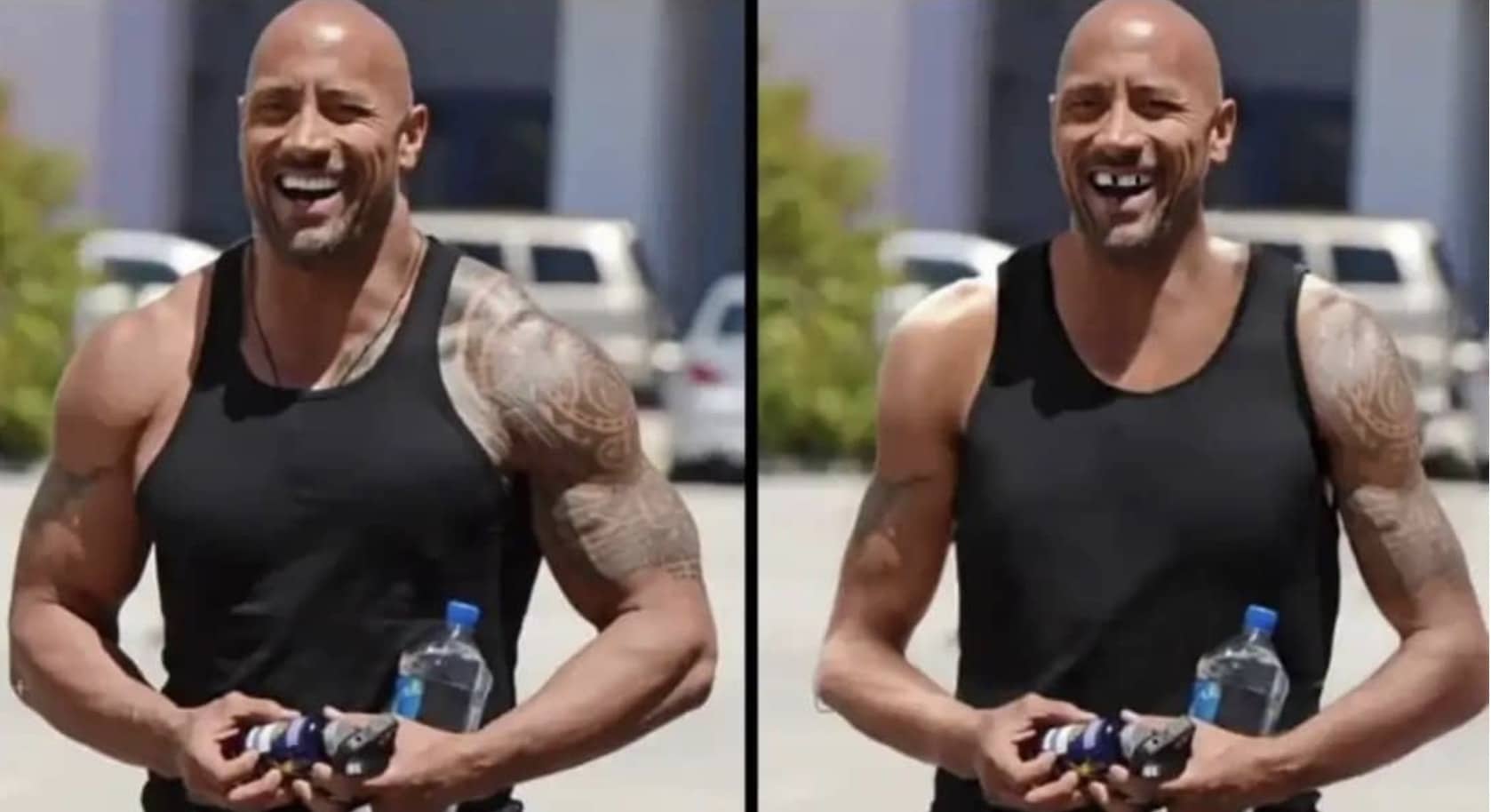 Side by side comparison meme of Dwayne The Rock Johnson with and without front teeth.