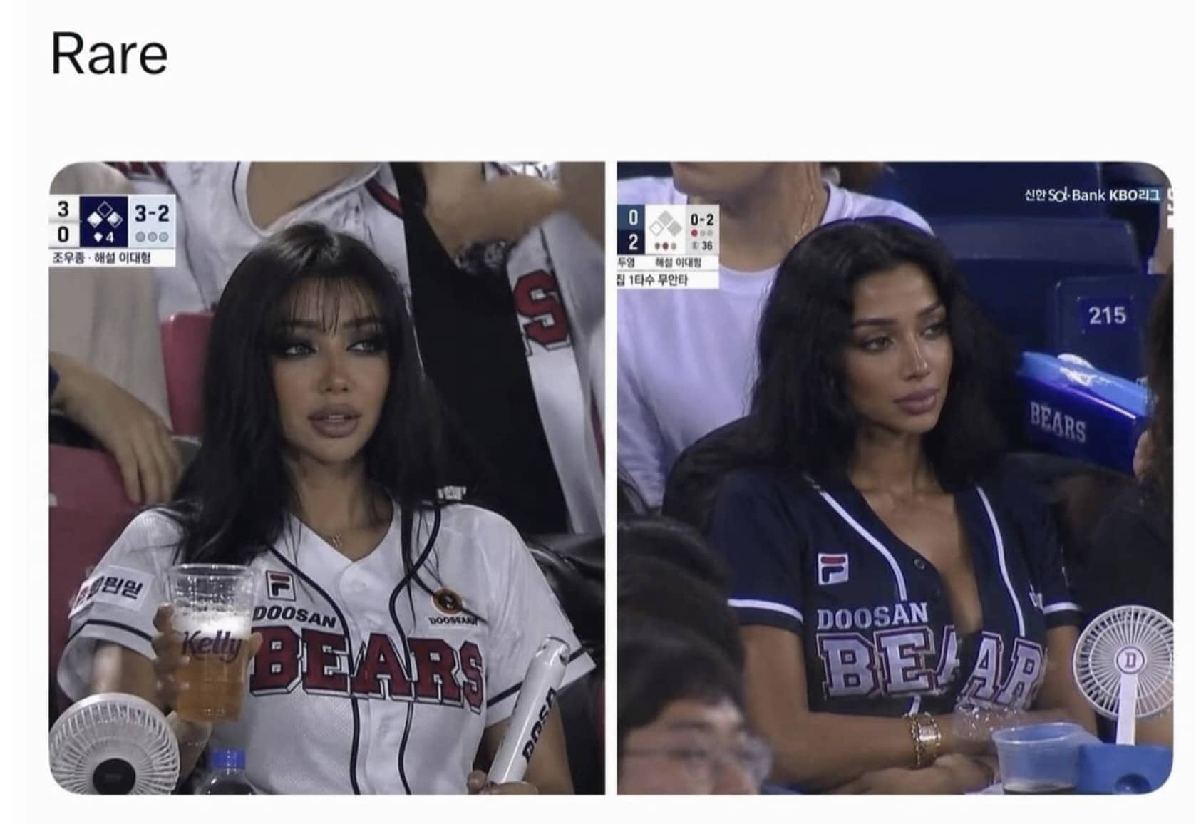 Side by side comparison meme of a glamorous female Doosan Bears baseball fan in South Korea.