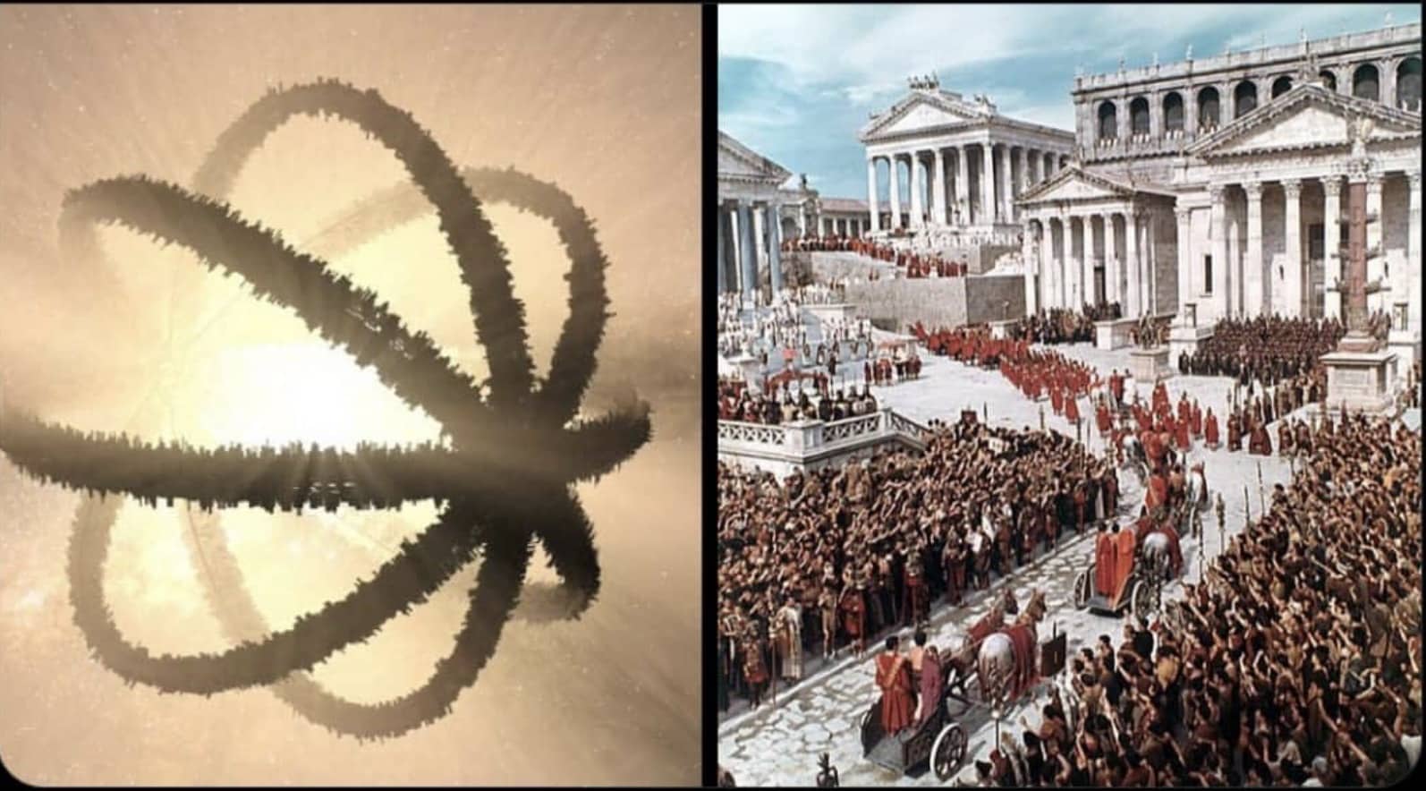 A side-by-side comparison of a sci-fi Dyson sphere mega-structure and an ancient Roman triumphal procession.