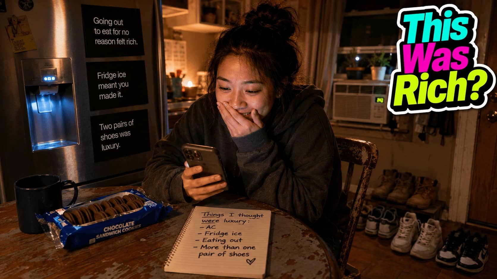 A woman laughing at a phone next to a list of things considered poor luxury.