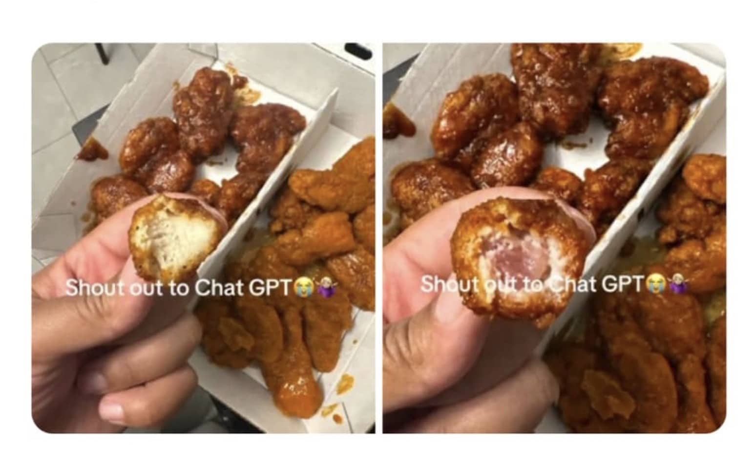 Two photos showing raw chicken center inside breaded nugget with ironic shout out to Chat GPT.