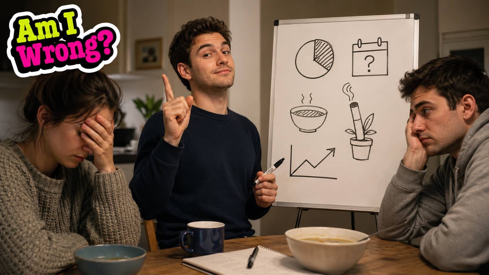 Smug man pointing up at a whiteboard with nonsensical diagrams representing technically correct memes and observations.