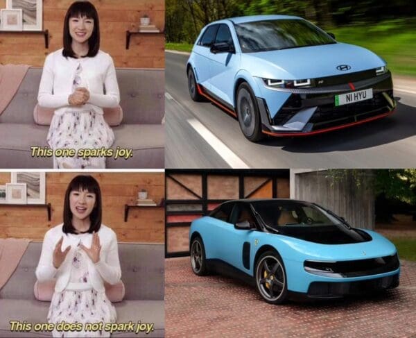 A Marie Kondo "sparks joy" meme template acts as a funny Ferrari EV meme, contrasting a praised performance hatchback against the polarizing, rounded proportions of the baby blue Ferrari Luce.