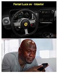 A split-panel Ferrari Luce meme pairs a close-up preview of the EV's basic gauge cluster and floating square screen with the legendary Crying Jordan reaction template looking at a phone screen.