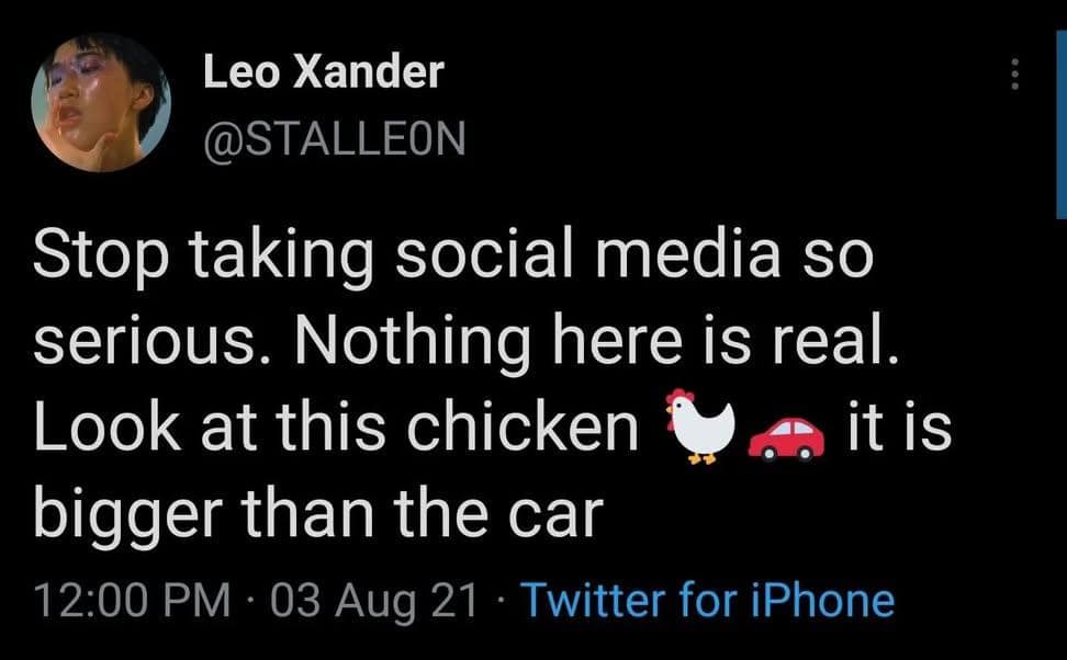 A humorous social media tweet from user Leo Xander mocks internet authenticity by pointing out that a smartphone keyboard chicken emoji is visually larger than a sedan emoji, highlighting a minimalist classic meme.