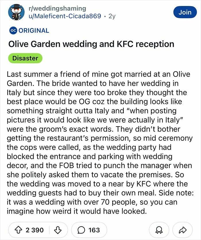 A legendary old meme screenshot from r/weddingshaming detailing a disastrous wedding that was kicked out of an Olive Garden and ended with a pay-your-own-way reception at a nearby KFC.