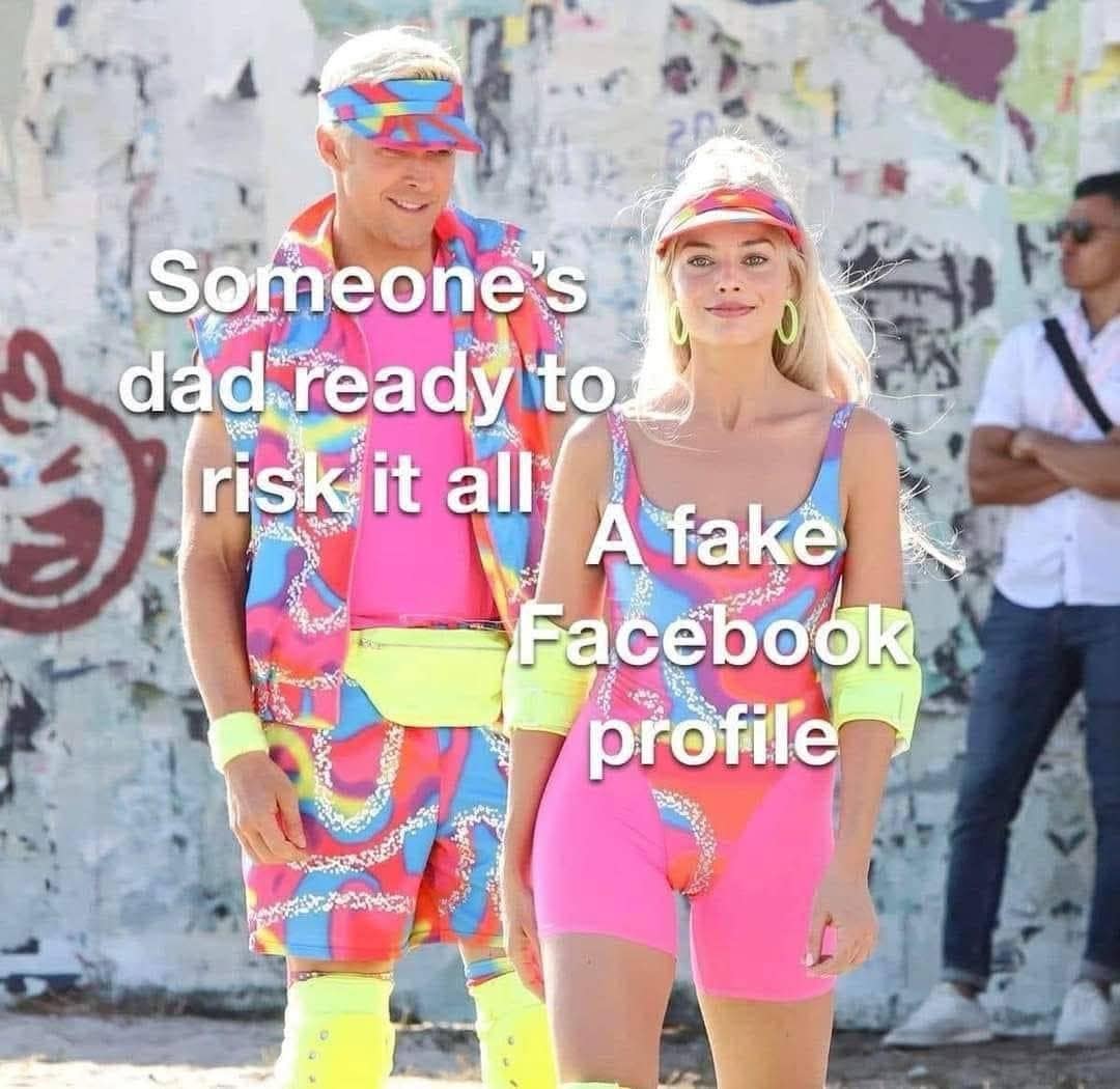 Actors Ryan Gosling and Margot Robbie as Ken and Barbie in neon rollerblading gear illustrate a hilarious social media catfish meme about a gullible neighborhood father falling for a fake Facebook profile.