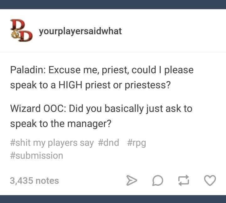 A text-based d&d meme from Tumblr where a Paladin asks to speak to a "HIGH priest" and the Wizard points out they are just asking to speak to the manager of the church.
