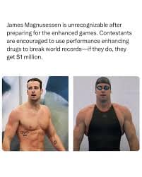 A startling steroid olympics meme splits the frame between Australian swimmer James Magnussen's natural Olympic physique and his hyper-bulked, heavily muscled transformation prepared explicitly to claim a one-million-dollar record bounty.