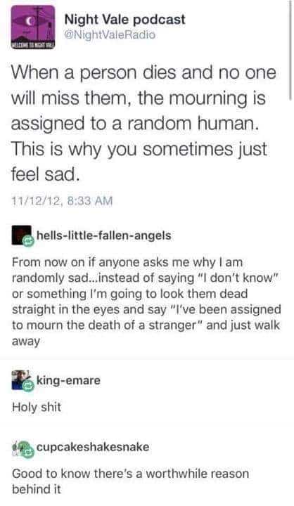 Tumblr thread explaining random sadness as being assigned to mourn a stranger who died friendless.