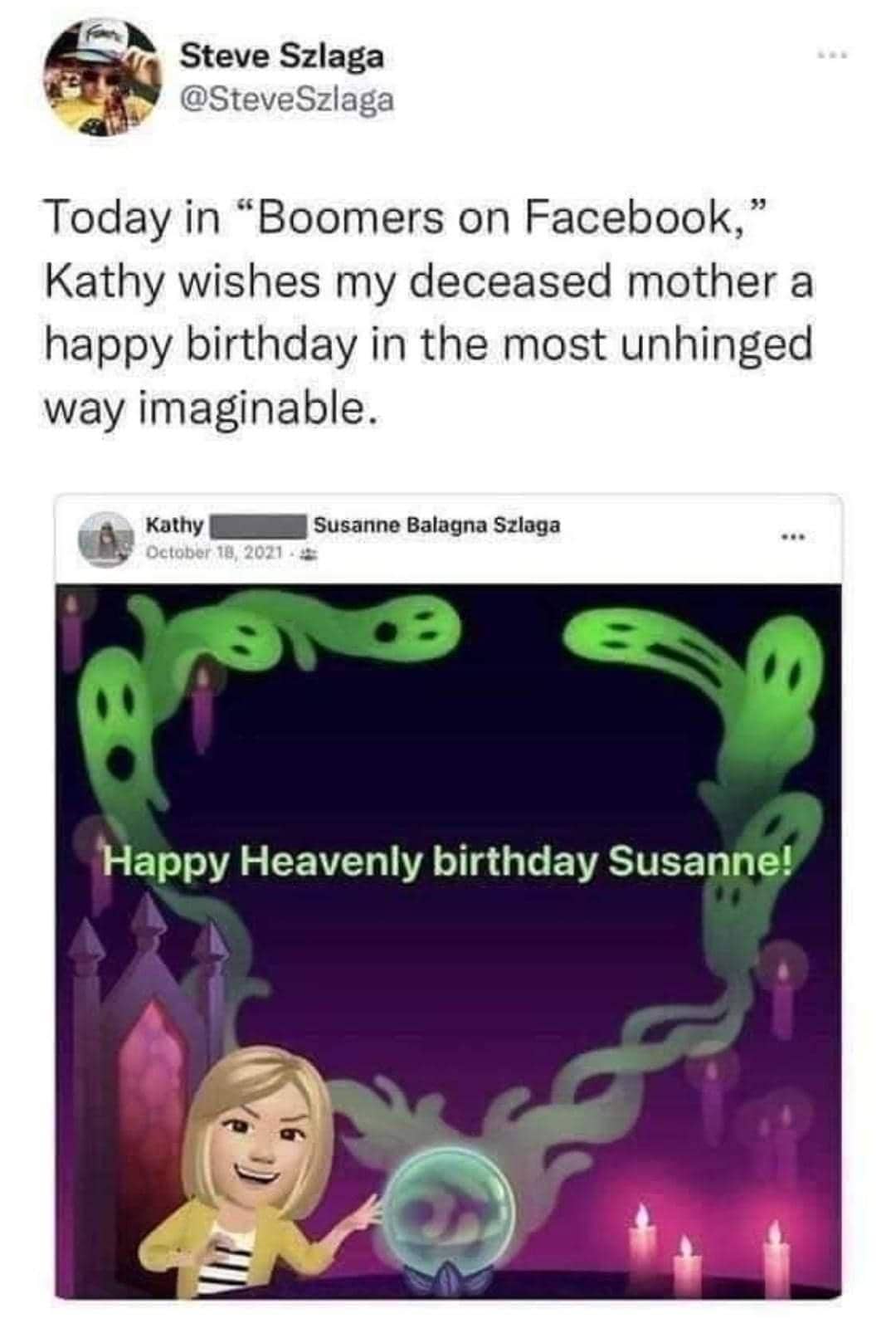 Facebook post screenshot of a woman using a spooky crystal ball avatar for a birthday greeting.