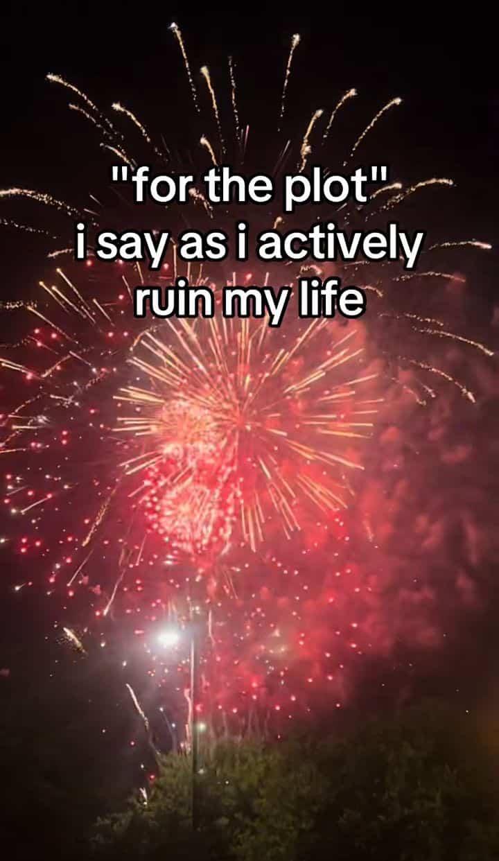 Sparkling fireworks display with overlay text about making bad life decisions for the plot.