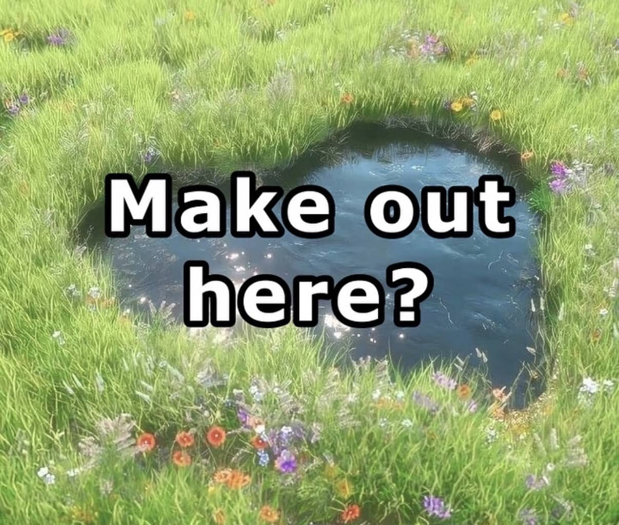 Serene landscape of a grassy meadow with a small pond and the text make out here.