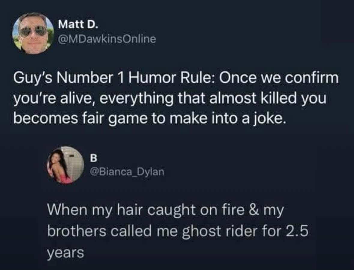 Twitter interaction about the rule of turning near-death experiences into funny jokes and stories.