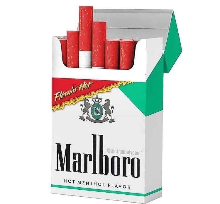 Cursed image of a Marlboro cigarette pack featuring a fictional Flamin' Hot Cheetos menthol flavor.
