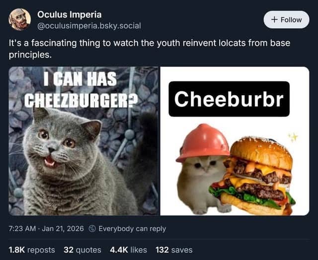 BlueSky social media post comparing a classic lolcat meme to a modern kitten counterpart.