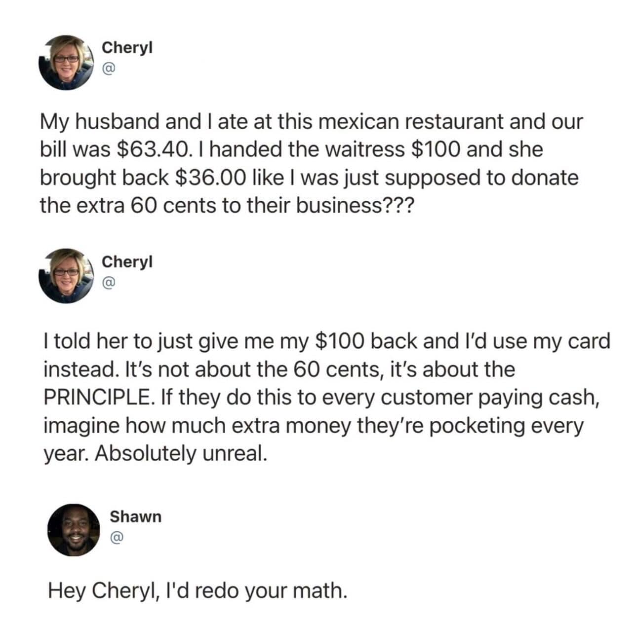 Viral internet argument screenshot highlighting a woman's confident but completely incorrect restaurant math mistake.