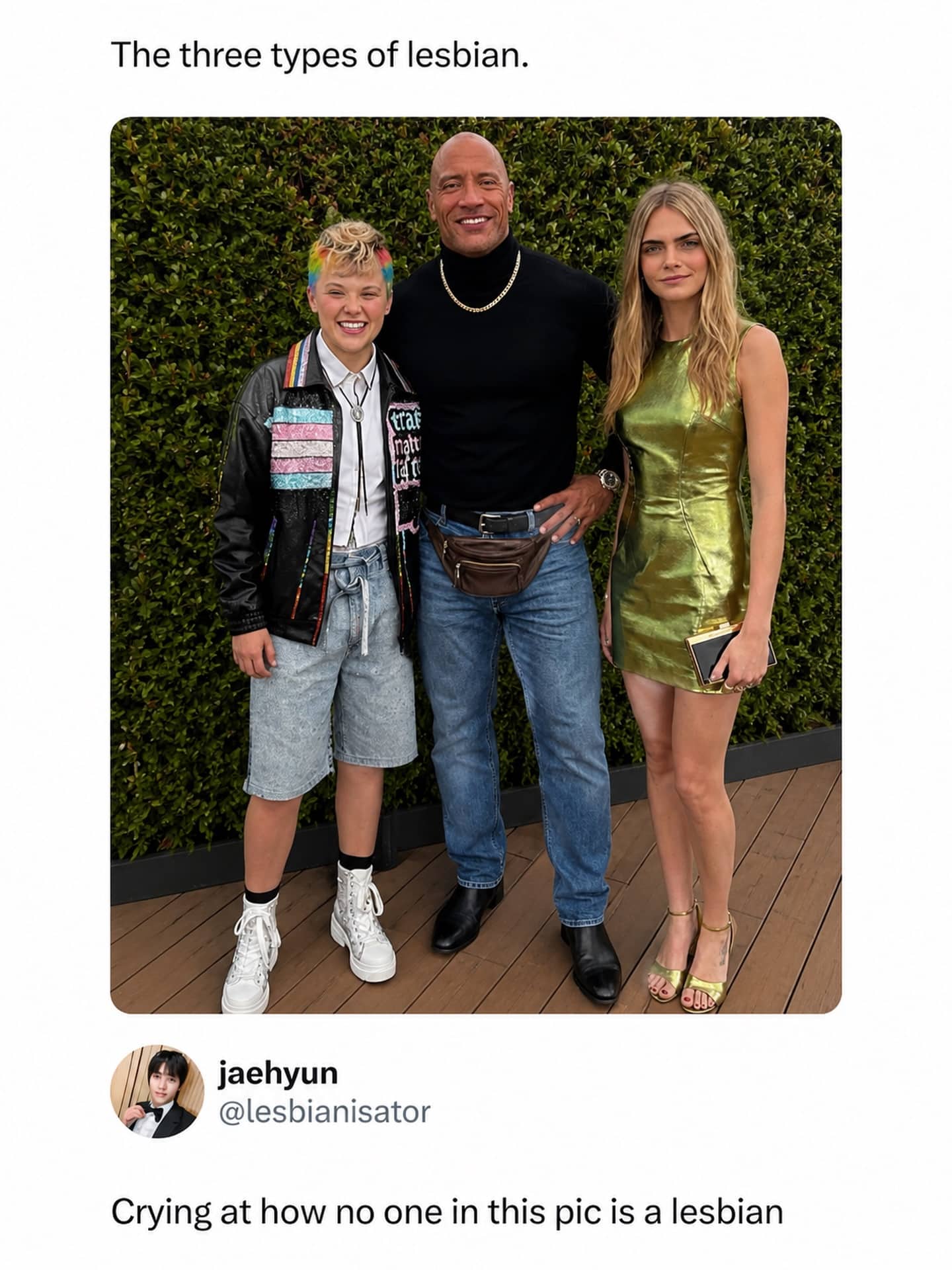 Relatable pop culture meme featuring JoJo Siwa, Dwayne Johnson, and Cara Delevingne standing together outside.