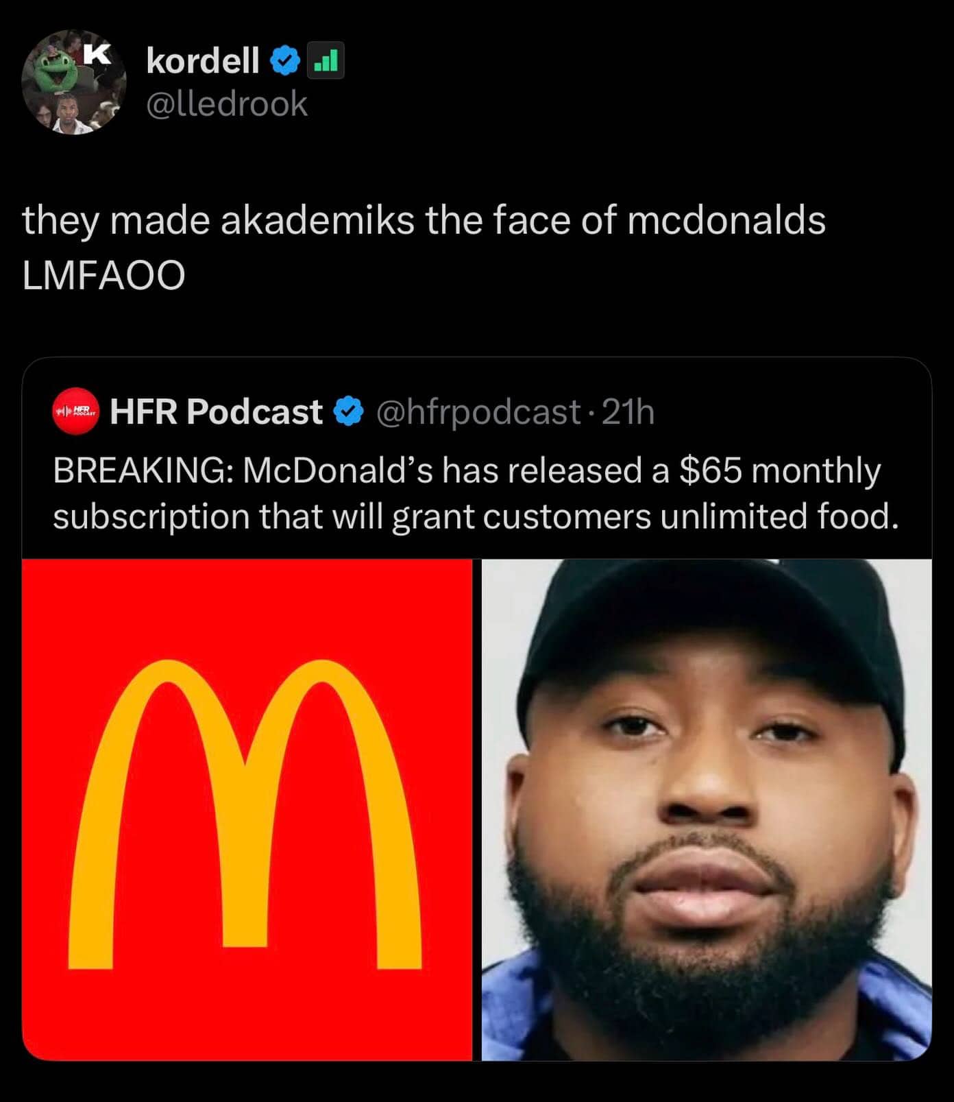 Social media post joking about DJ Akademiks becoming the face of a McDonald's subscription plan.