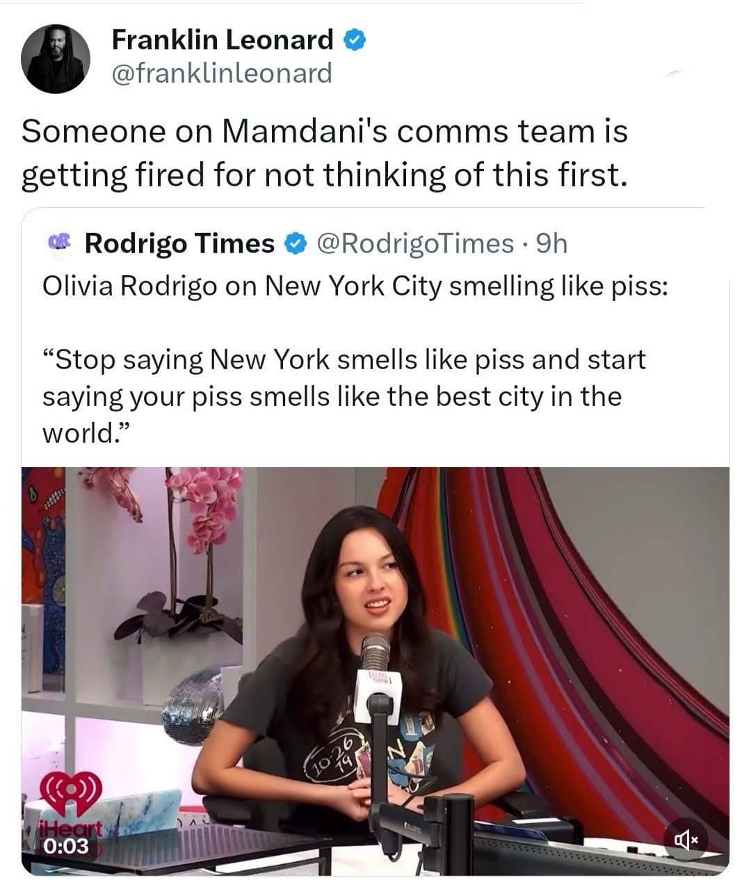 Satirical social media post with a fake quote from Olivia Rodrigo defending New York City's smell.