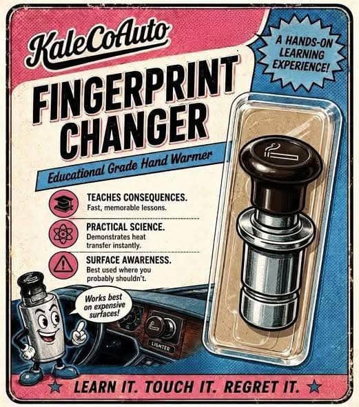 Vintage style parody ad for a car cigarette lighter labeled as a Fingerprint Changer hand warmer.