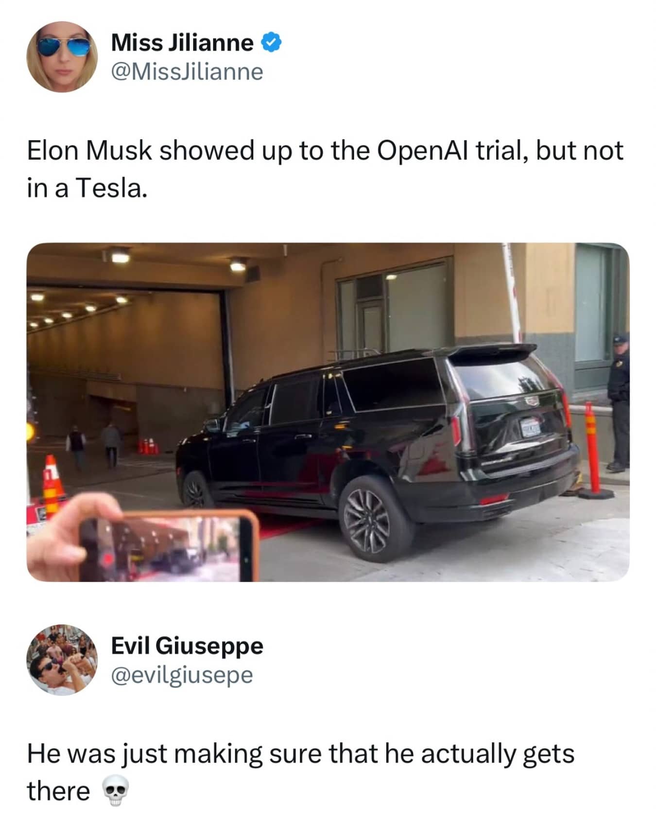 Social media post showing Elon Musk arriving at court in a Cadillac SUV instead of a Tesla.