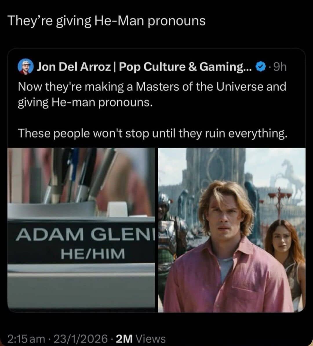 Hilarious movie meme mocking a social media complaint about a character name card having pronouns.