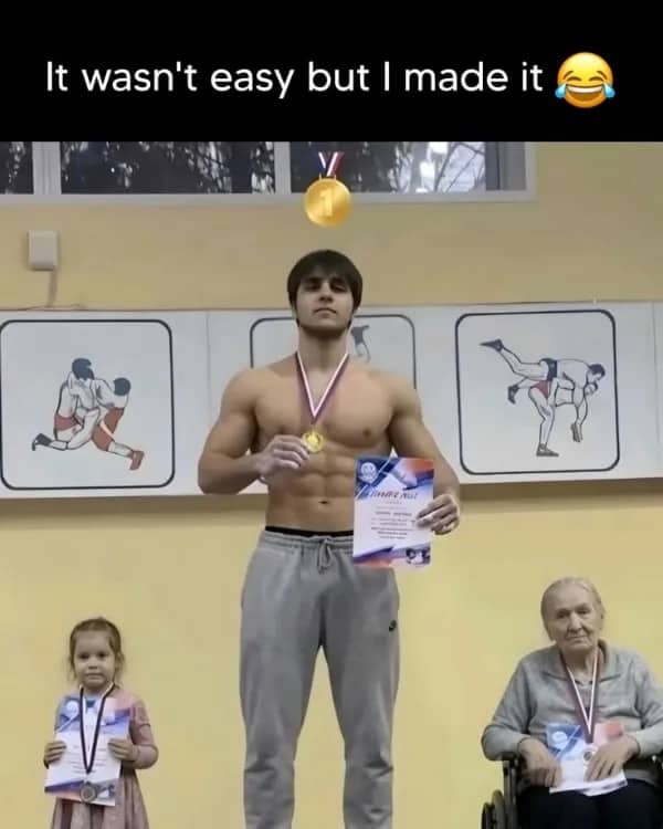 Funny podium meme featuring a muscular athlete standing alongside a child and an elderly woman.