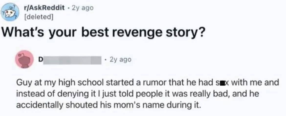 Reddit screenshot sharing a clever high school revenge story about stopping a malicious rumor.
