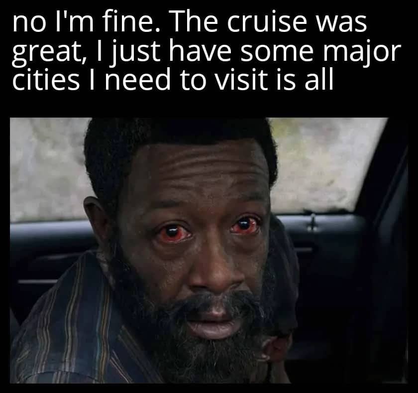 Sad man with bloodshot eyes captioned with a joke about needing to visit major cities.