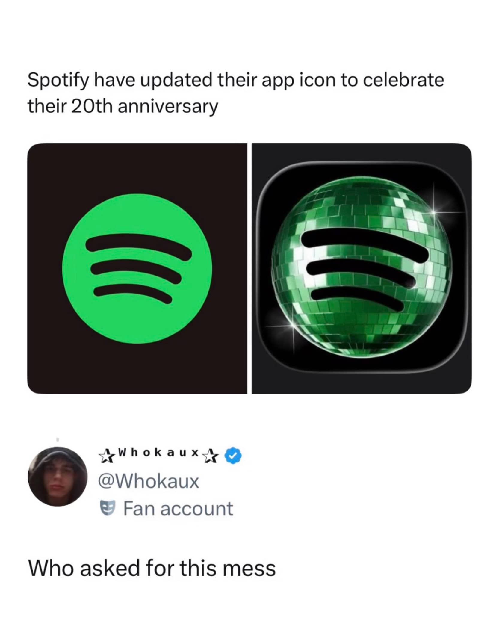 Comparison of the classic Spotify logo and a new disco ball version for their anniversary.