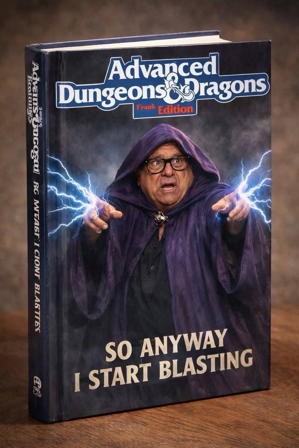 A parody Advanced Dungeons and Dragons book cover featuring Danny DeVito as a wizard casting lightning.