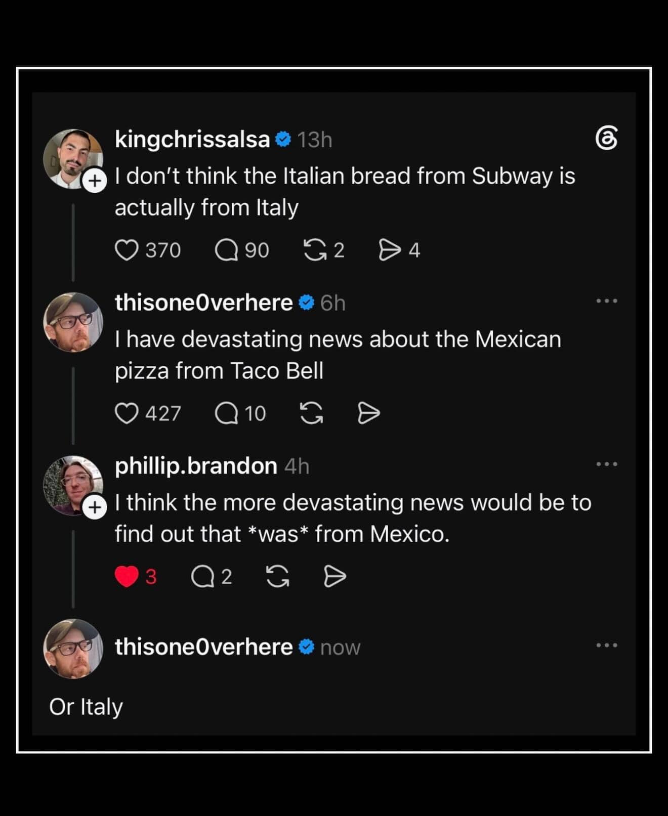Sarcastic social media text meme jokingly discussing fast food items not actually coming from foreign countries.