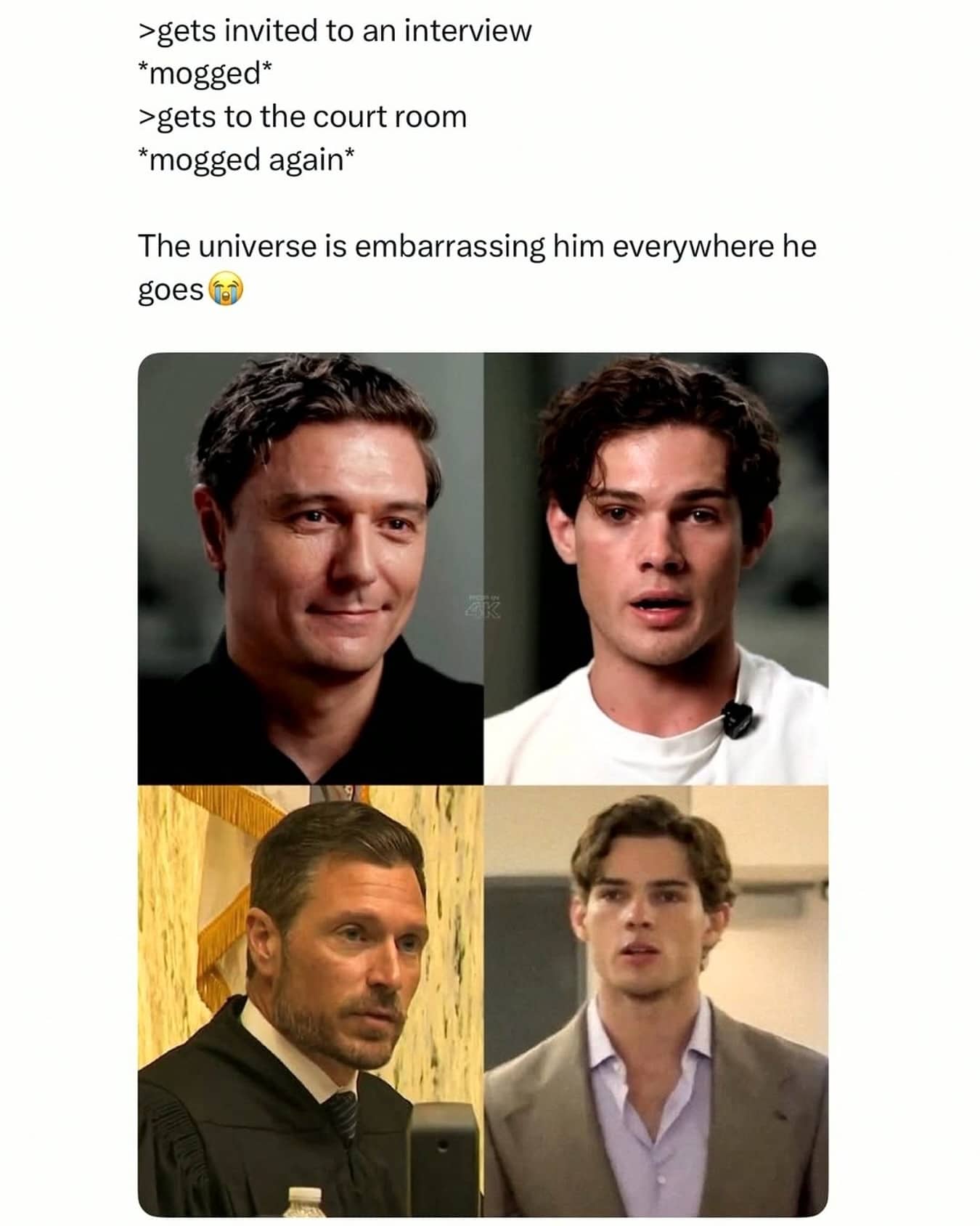 Humorous internet meme using face comparison photos to explain the concept of getting mogged.