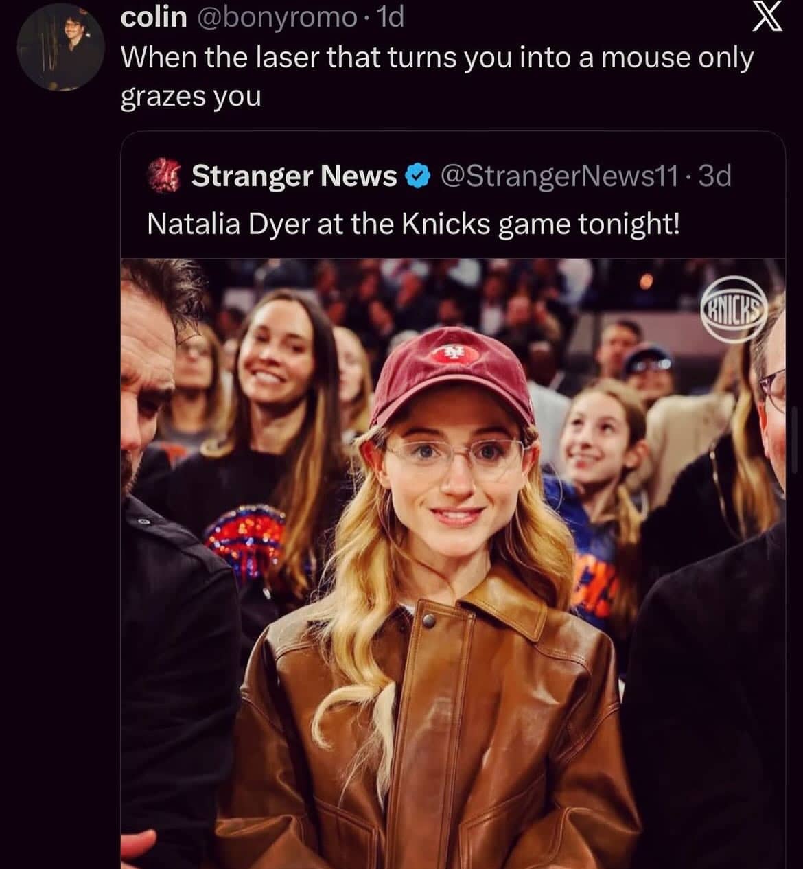 A side-by-side meme comparing actress Natalia Dyer at a Knicks game to a mouse transformation.