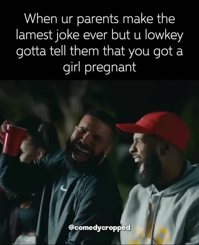 Drake laughing at a party with a caption about parents making a joke before receiving bad news.