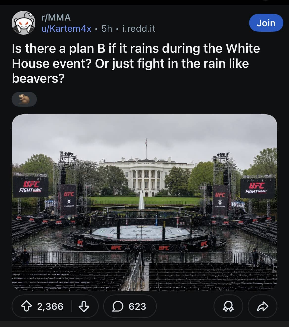 Reddit post showing a UFC octagon set up outside the White House with a funny caption.