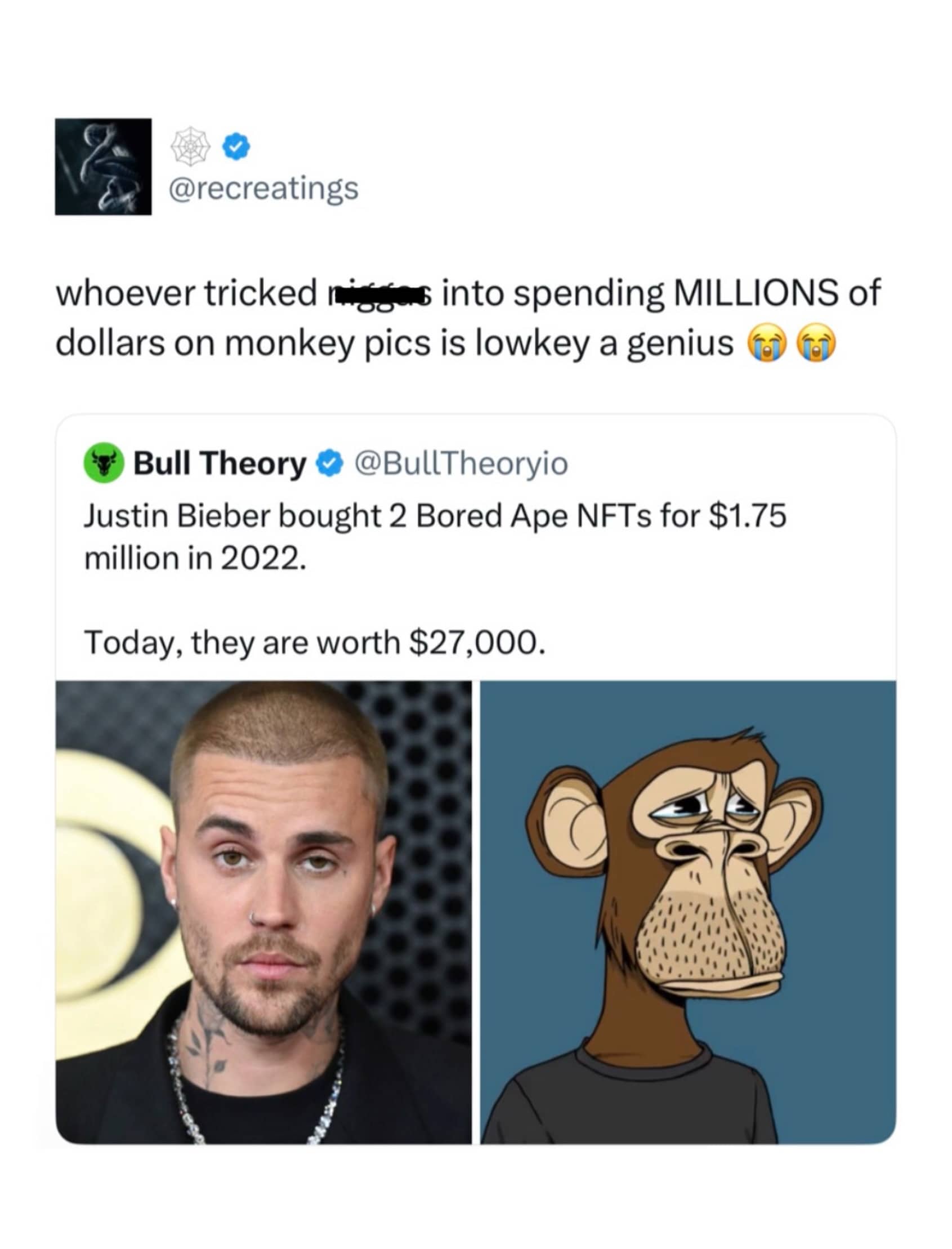 Viral tweet comparing Justin Bieber’s expensive Bored Ape NFT purchase price to its significantly lower current value.