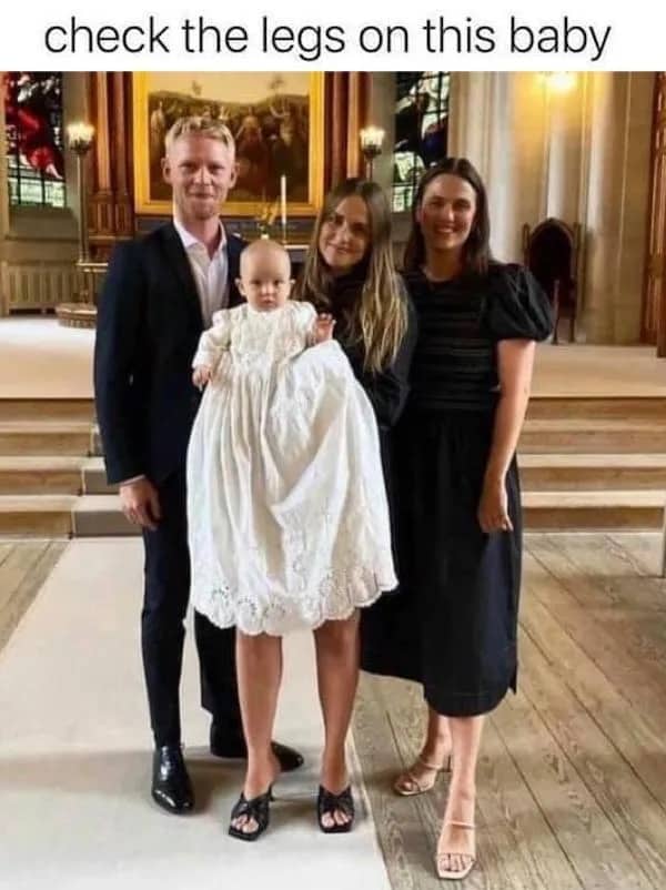 Confusing perspective optical illusion meme where a baby gown makes a mother's legs look like the baby's.