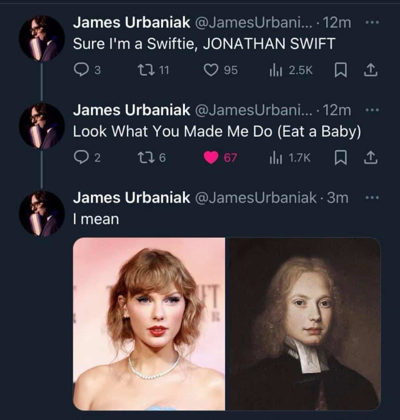 Clever Twitter thread comparing Taylor Swift to Jonathan Swift using a "A Modest Proposal" joke.