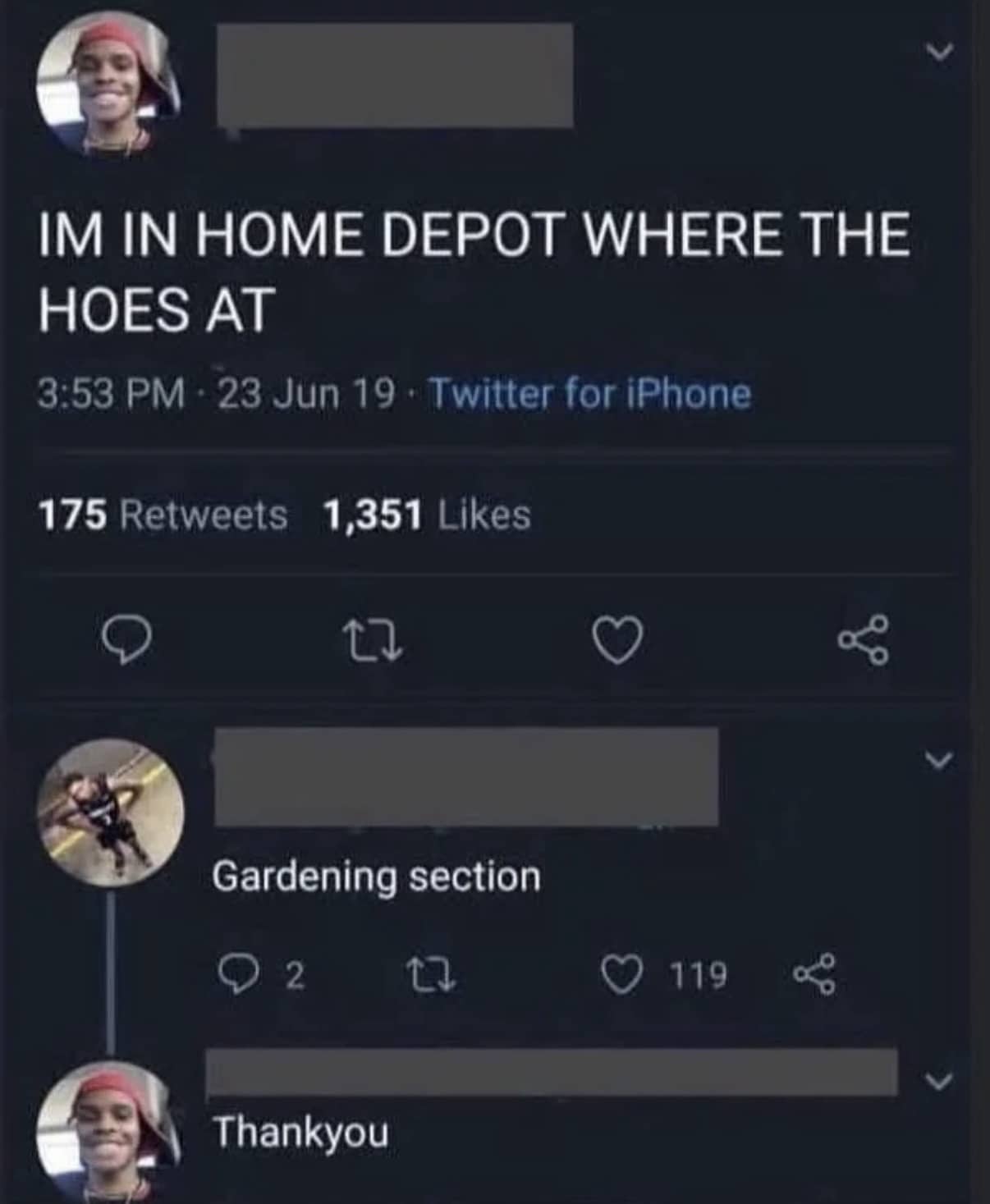 Funny Twitter exchange about finding hoes in the gardening section of a Home Depot store.